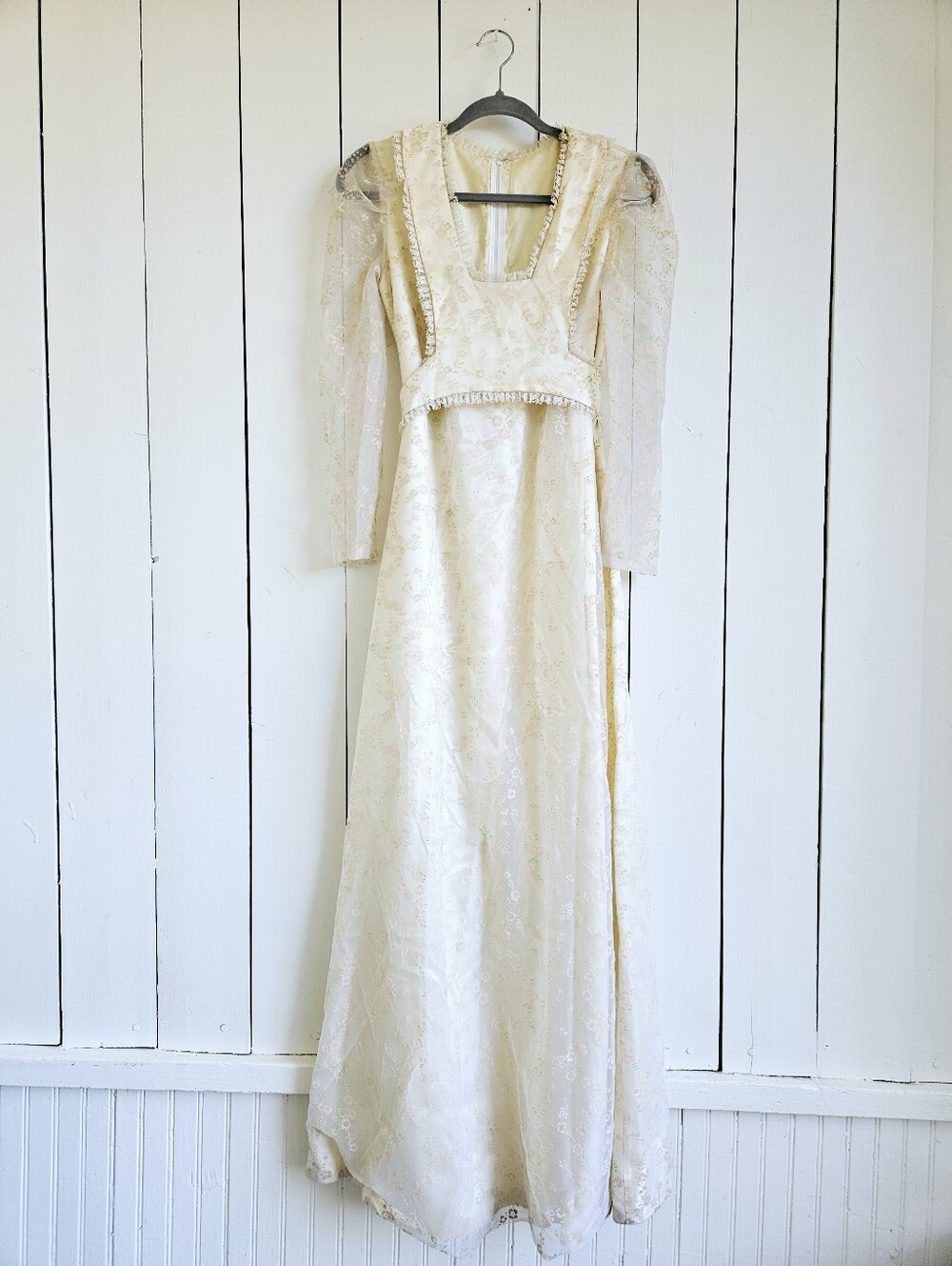 Vintage 1970s Floral Victorian Maxi Dress Size S Sheer Sleeve Ruffle